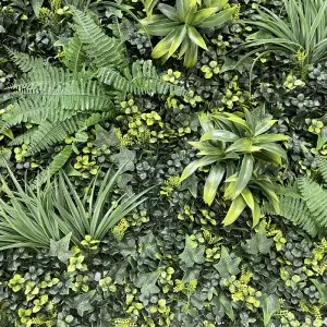 Artificial green wall panel with variegated greens and yellow foliage palms grasses ferns with yellow and white tipped foliage 100×100 cm