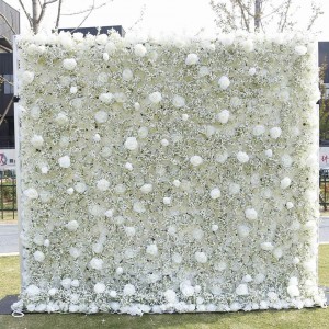 Custom 5D 3D White Rose Hydrangea Roll Up Cloth Flower Wall Wedding Decor Artificial Silk Rose Flower Panel Backdrop Flower Wall