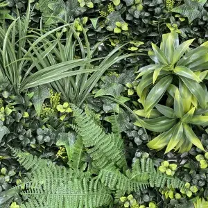 Artificial green wall panel with variegated greens and yellow foliage palms grasses ferns with yellow and white tipped foliage 100×100 cm