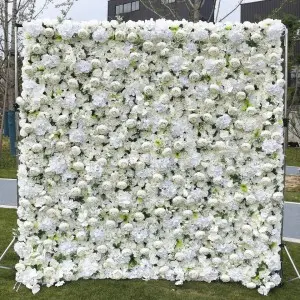 Custom 5D 3D White Rose Hydrangea Roll Up Cloth Flower Wall Wedding Decor Artificial Silk Rose Flower Panel Backdrop Flower Wall