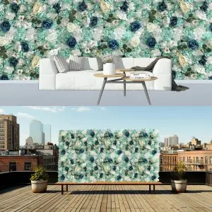 White & Blue Silk Artificial Flower Wall, Blue Faux Rose Wall Dahlia Wall, 3D Lifelike Flower Wall Mat Hydrangea Panel Fake Flowers Wall Backdrop