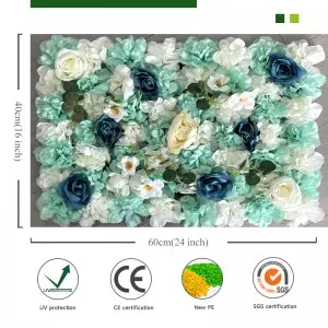 White & Blue Silk Artificial Flower Wall, Blue Faux Rose Wall Dahlia Wall, 3D Lifelike Flower Wall Mat Hydrangea Panel Fake Flowers Wall Backdrop