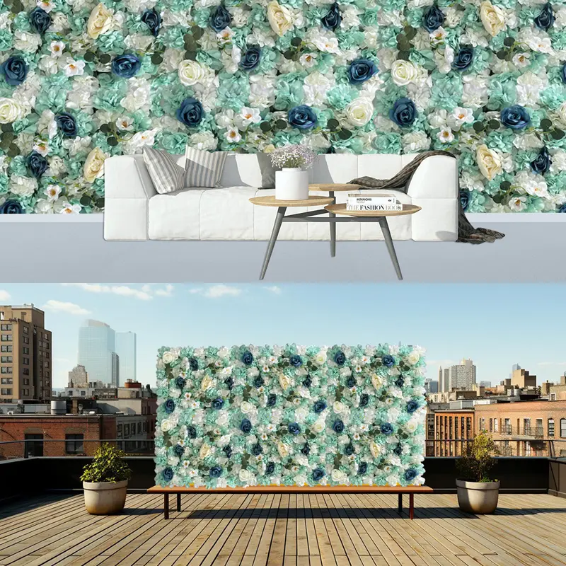 White & Blue Silk Artificial Flower Wall, Blue Faux Rose Wall Dahlia Wall, 3D Lifelike Flower Wall Mat Hydrangea Panel Fake Flowers Wall Backdrop Featured Image