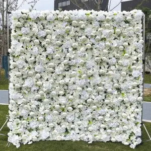 Custom 5D 3D White Rose Hydrangea Roll Up Cloth Flower Wall Wedding Decor Artificial Silk Rose Flower Panel Backdrop Flower Wall